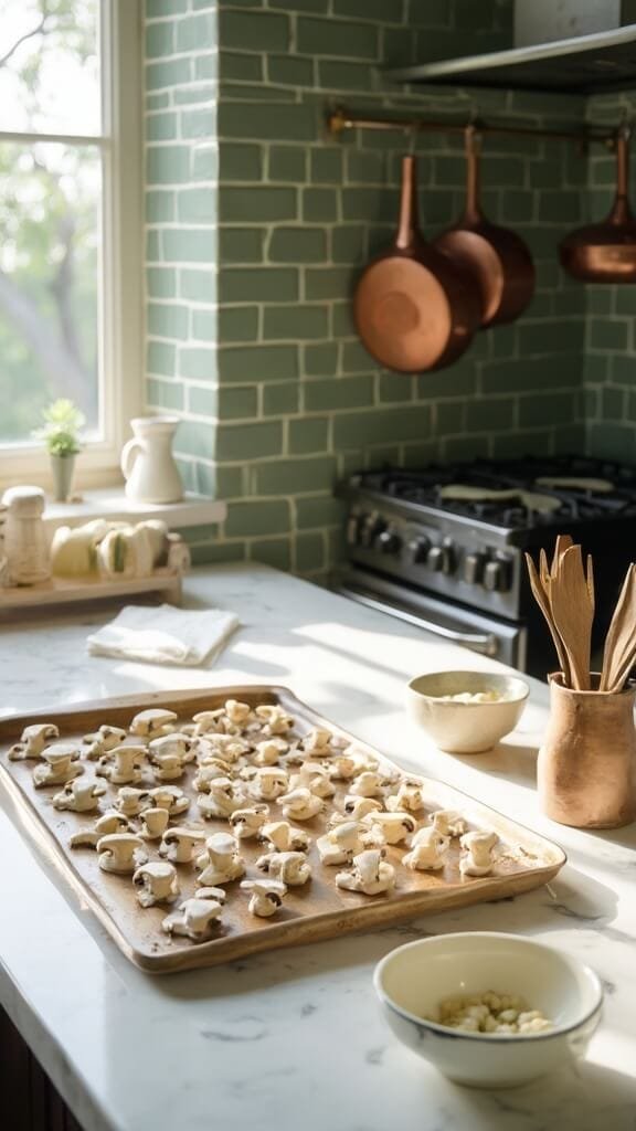 Low-Carb Stuffed Mushrooms With Sausage 4 Mushroom preparation in modern kitchen with wooden utensils, ceramic bowls, and clean mushroom caps on a baking sheet