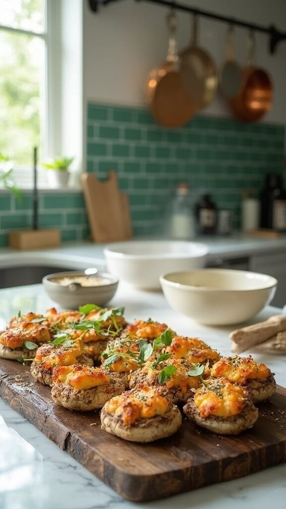 Low-Carb Stuffed Mushrooms With Sausage 7 Freshly baked golden-brown stuffed mushrooms on a rustic wooden board in a modern kitchen, garnished with parsley and parmesan
