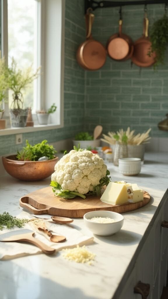 Keto Mashed Cauliflower With Garlic &Amp; Parmesan 3 Fresh cauliflower on wooden cutting board with ingredients for a recipe, in a modern kitchen with green subway tiles and natural daylight.