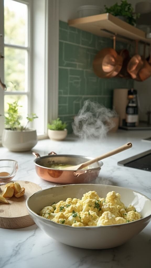Keto Mashed Cauliflower With Garlic &Amp; Parmesan 4 Steam rising from cauliflower florets in a stainless steel steamer, with garlic sautéing in butter in a small copper pan in a modern kitchen with green subway tiles and a hanging rack of copper pots.