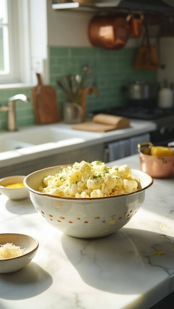 Keto Mashed Cauliflower With Garlic &Amp; Parmesan 5 Steamed cauliflower in colander with garlic butter and grated parmesan in modern kitchen with green tile backsplash and natural lighting