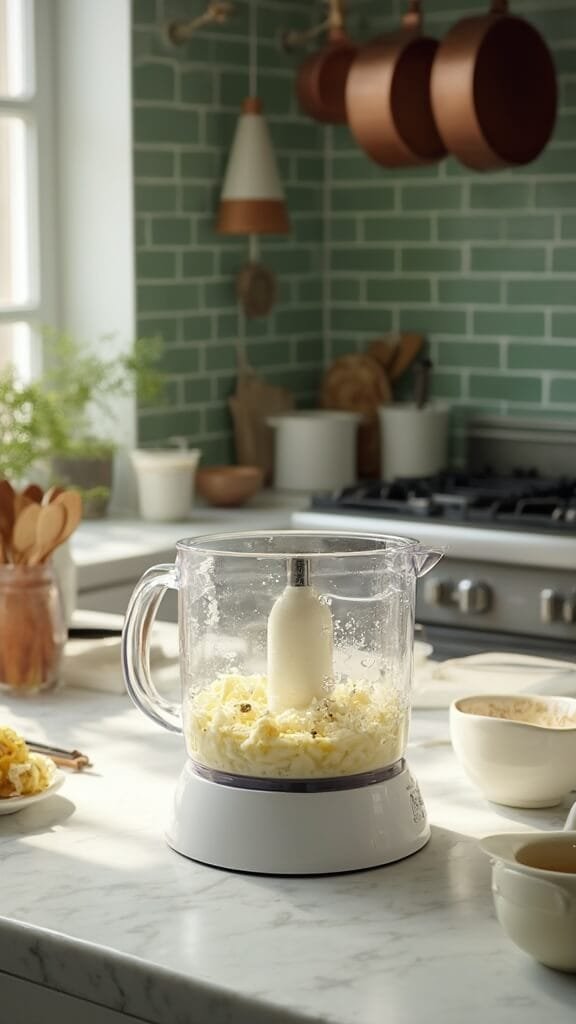 Keto Mashed Cauliflower With Garlic &Amp; Parmesan 6 Steamed cauliflower mixture in food processor on a modern kitchen countertop with wooden utensils and ceramic prep bowls, illuminated by natural daylight