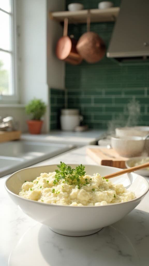 Keto Mashed Cauliflower With Garlic &Amp; Parmesan 7 Steam rising from creamy mashed cauliflower served in elegant white ceramic bowl, garnished with fresh chives and parsley in a modern kitchen with natural daylight
