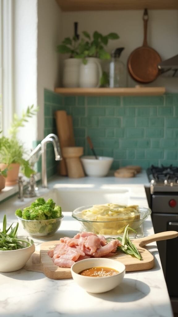 Keto Sesame Chicken With Broccoli 3 Modern kitchen scene featuring prepped ingredients for a chicken and broccoli dish, captured in natural daylight.