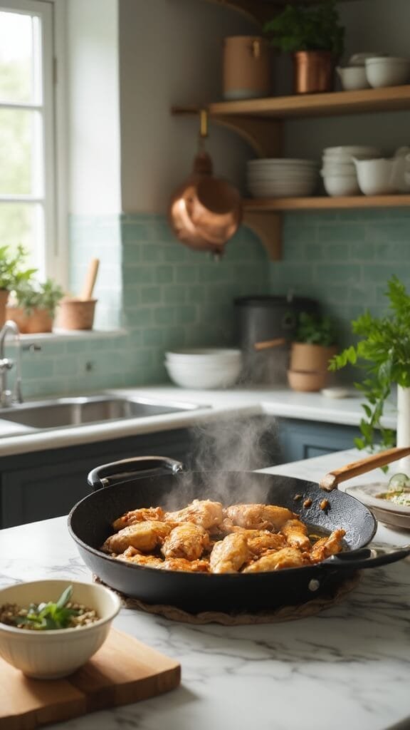 Keto Sesame Chicken With Broccoli 4 Golden-brown chicken searing in a black cast iron skillet in a modern kitchen with green subway tile backsplash and wooden utensils