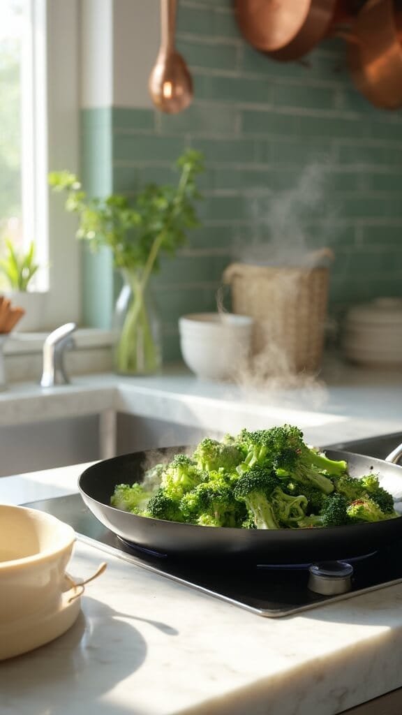 Keto Sesame Chicken With Broccoli 5 Green broccoli florets being stir-fried in a modern kitchen with white marble countertops, stainless steel appliances, and earthy color grading