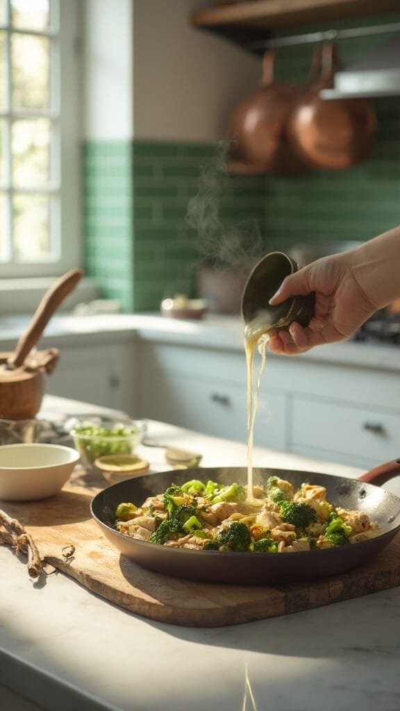 Keto Sesame Chicken With Broccoli 6 Chicken and broccoli in a skillet on a modern kitchen countertop under natural daylight, sauce being poured creating steam and sizzle