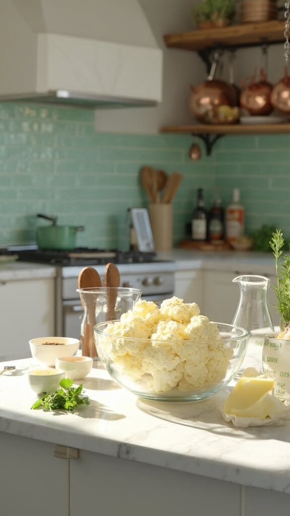 Cheesy Keto Cauliflower Gratin (Easy One-Dish Recipe) 3 Raw cauliflower and ingredients for a recipe on a modern kitchen countertop with warm, earthy color grading