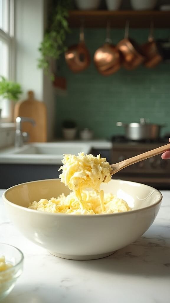 Cheesy Keto Cauliflower Gratin (Easy One-Dish Recipe) 5 Modern kitchen scene featuring a large bowl of cauliflower and creamy cheese mixture being stirred, on white marble counters with green subway tile backsplash.