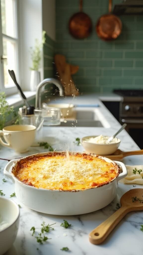 Cheesy Keto Cauliflower Gratin (Easy One-Dish Recipe) 6 Unbaked gratin in a ceramic dish with parmesan cheese and fresh thyme in a modern kitchen with green subway tile backsplash, natural daylight.