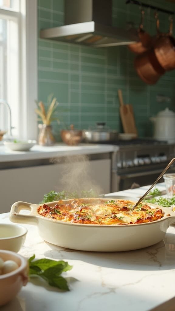 Cheesy Keto Cauliflower Gratin (Easy One-Dish Recipe) 7 Golden brown and bubbling gratin in a modern kitchen with green subway tile backsplash, wooden utensils and cream-colored prep bowls, shot with a canon 5d mark iv.