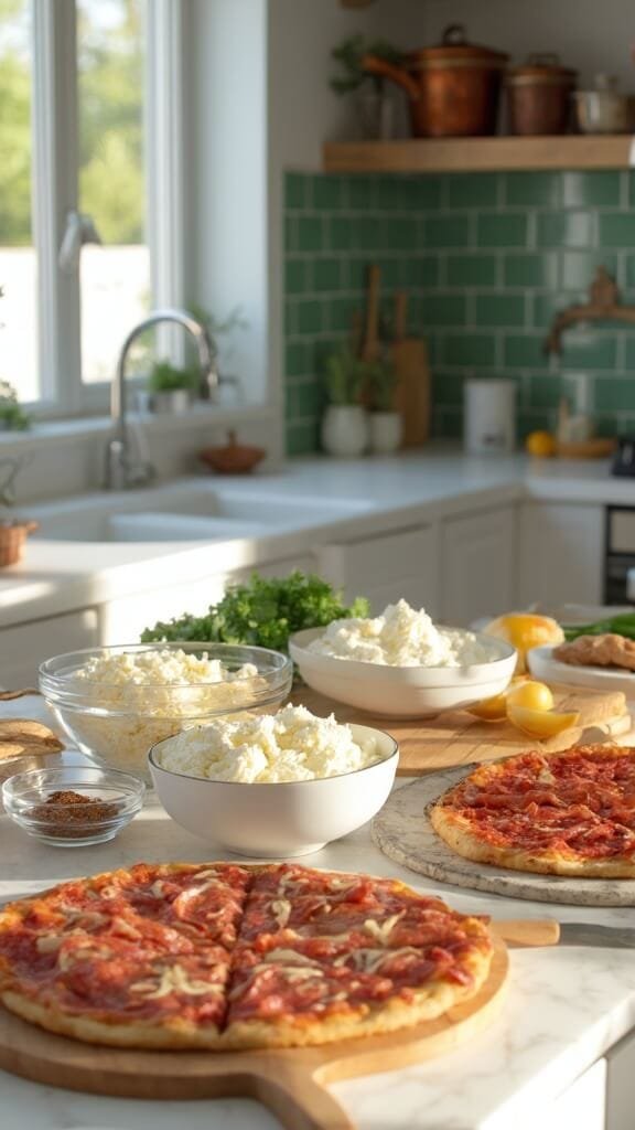 Keto Meat Lovers' Pizza With Fathead Dough 3 Ingredients for keto pizza arranged in modern kitchen with white marble countertops, stainless steel appliances, wooden utensils and cream-colored ceramic bowls, under natural daylight.