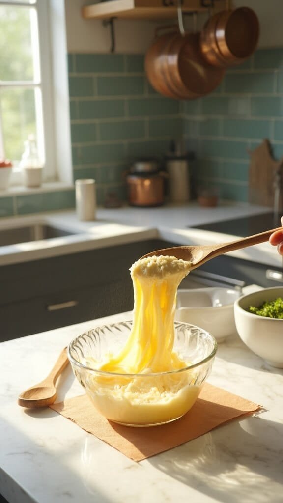 Keto Meat Lovers' Pizza With Fathead Dough 4 Cheese mixture being stretched in a modern kitchen with wooden utensils and clear prep bowls on white marble countertops, under natural daylight