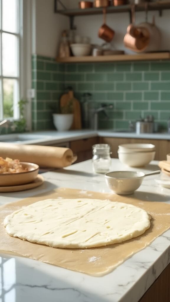 Keto Meat Lovers' Pizza With Fathead Dough 5 Keto pizza dough rolled out on a modern kitchen counter, illuminated by natural light from a window, with a wooden rolling pin and cream-colored ceramic bowls in view