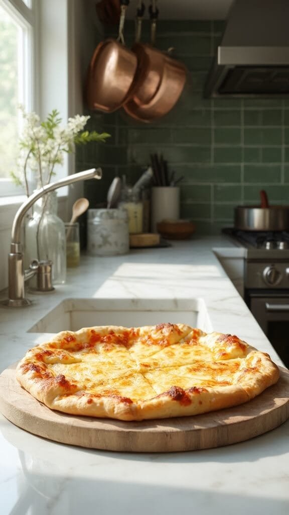Keto Meat Lovers' Pizza With Fathead Dough 6 Par-baked keto pizza crust on a pizza stone in a modern kitchen with green subway tile backsplash and warm, earthy color grading