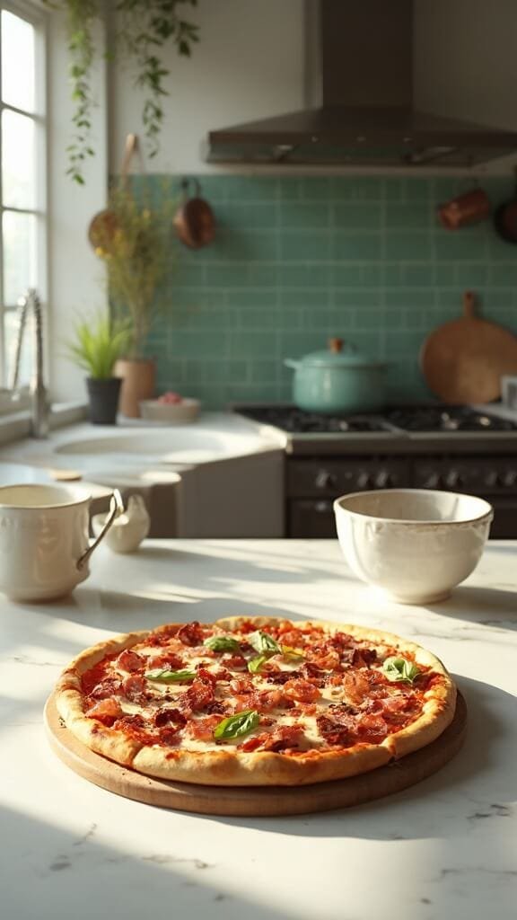 Keto Meat Lovers' Pizza With Fathead Dough 7 Keto meat lovers pizza with melted cheese, pepperoni, sausage, and bacon, garnished with fresh basil in a modern kitchen with green subway tile backsplash and wooden utensils