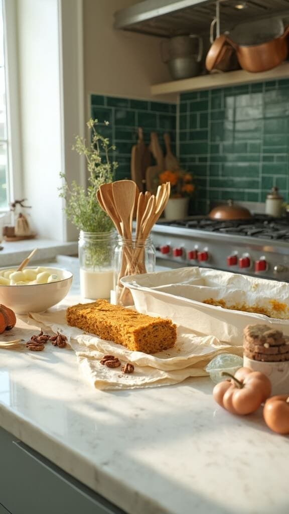 Keto Pumpkin Cheesecake Bars 3 Ingredients for keto pumpkin cheesecake bars arranged on a modern kitchen countertop with wooden utensils, cream-colored bowls, and an 8x8 baking pan in natural daylight.