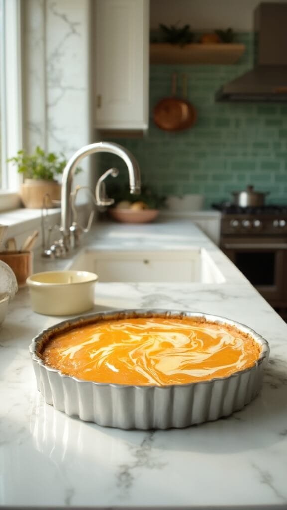 Keto Pumpkin Cheesecake Bars 6 Unbaked cheesecake with distinct layers in a modern kitchen, capturing warm light through the window