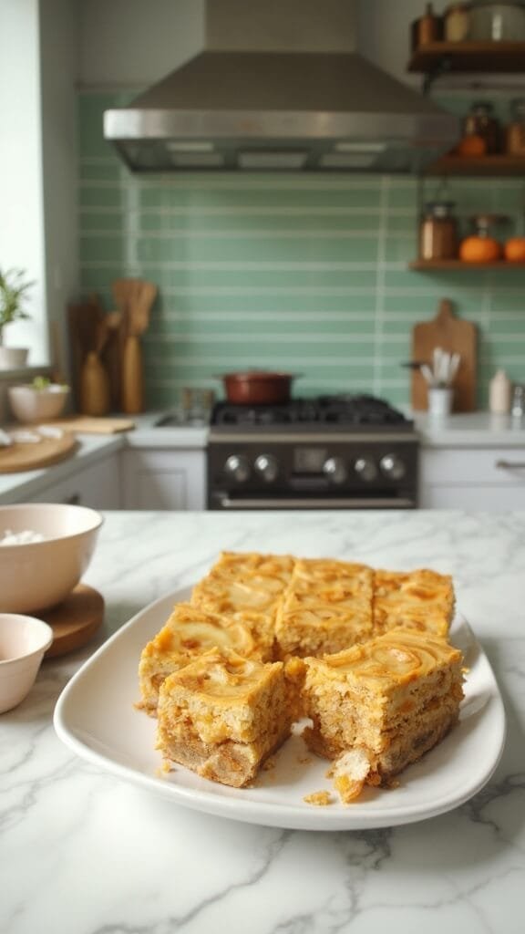 Keto Pumpkin Cheesecake Bars 7 Keto pumpkin cheesecake bars on a white plate in a modern kitchen with warm, earthy tones