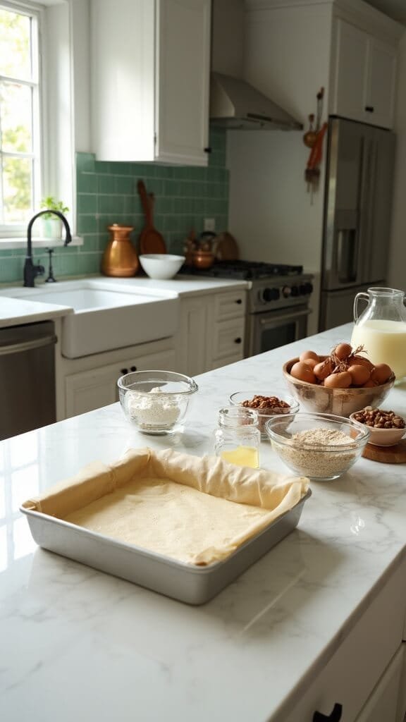 Sugar-Free Keto Pecan Pie Bars 3 Ingredients for keto pecan pie bars arranged on a modern kitchen counter with white marble countertops and green subway tile backsplash, under natural daylight.