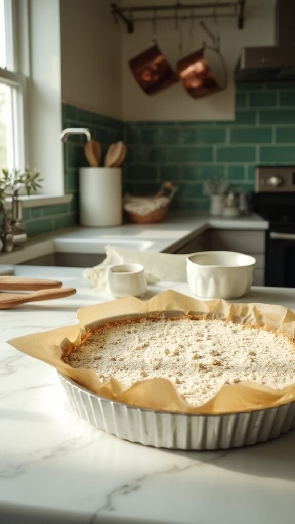 Sugar-Free Keto Pecan Pie Bars 4 Almond flour crust mixture in parchment-lined pan on a modern kitchen counter, with wooden utensils and ceramic bowls under natural daylight.