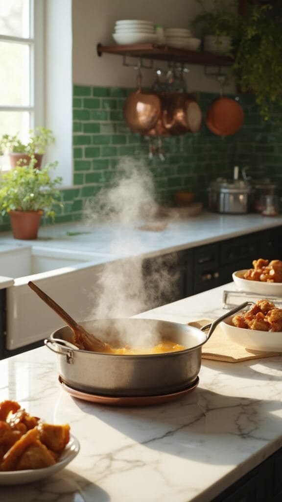 Sugar-Free Keto Pecan Pie Bars 5 Medium saucepan with caramel mixture being stirred with a wooden spoon in a modern kitchen with white marble countertops, green subway tiles, and warm, earthy color grading