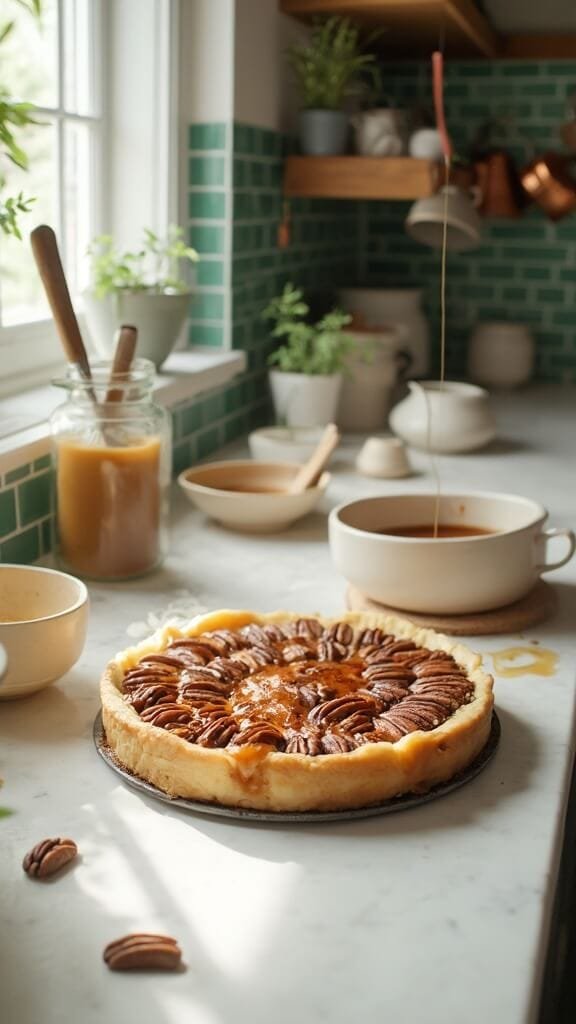 Sugar-Free Keto Pecan Pie Bars 6 Par-baked crust with neatly arranged pecans and glossy caramel mixture being poured on top in a modern kitchen with green subway tile backsplash and warm, earthy color grading
