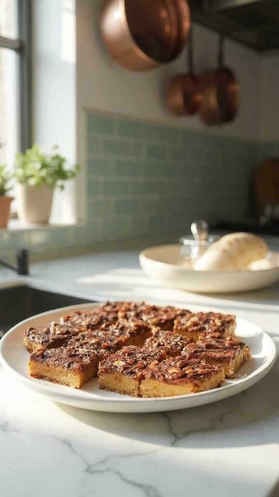 Sugar-Free Keto Pecan Pie Bars 7 Pecan pie bars on a white ceramic plate in a modern kitchen with green subway tile backsplash, wooden utensils, and marble countertops.