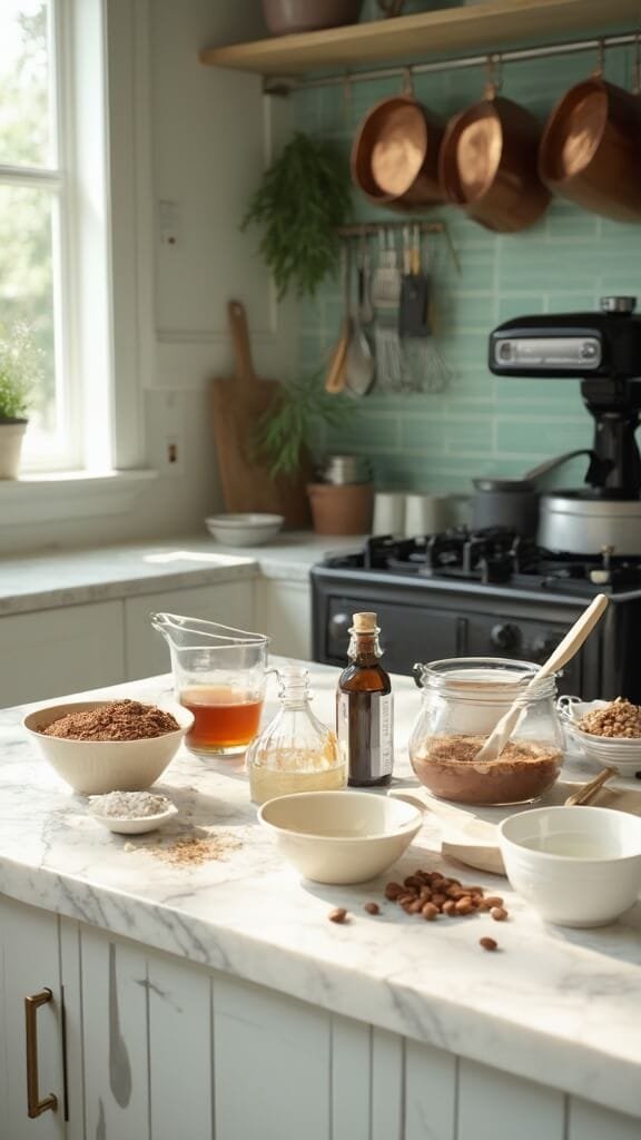 Keto Chocolate Almond Fat Bombs 3 Modern kitchen setup with carefully arranged ingredients for cooking, including almond butter, melted coconut oil, cocoa powder, sweetener, and other ingredients, with warm, earthy tones throughout the image.