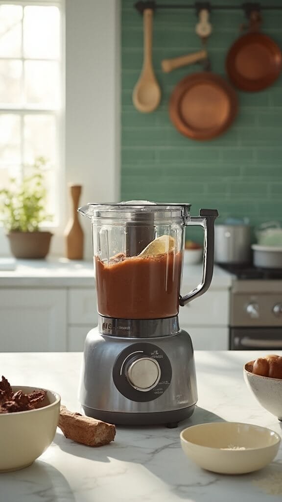 Keto Chocolate Almond Fat Bombs 4 Food processor blending a chocolate mixture in a modern kitchen with wooden utensils, cream-colored bowls, and green subway tile backsplash, shot with natural daylight.