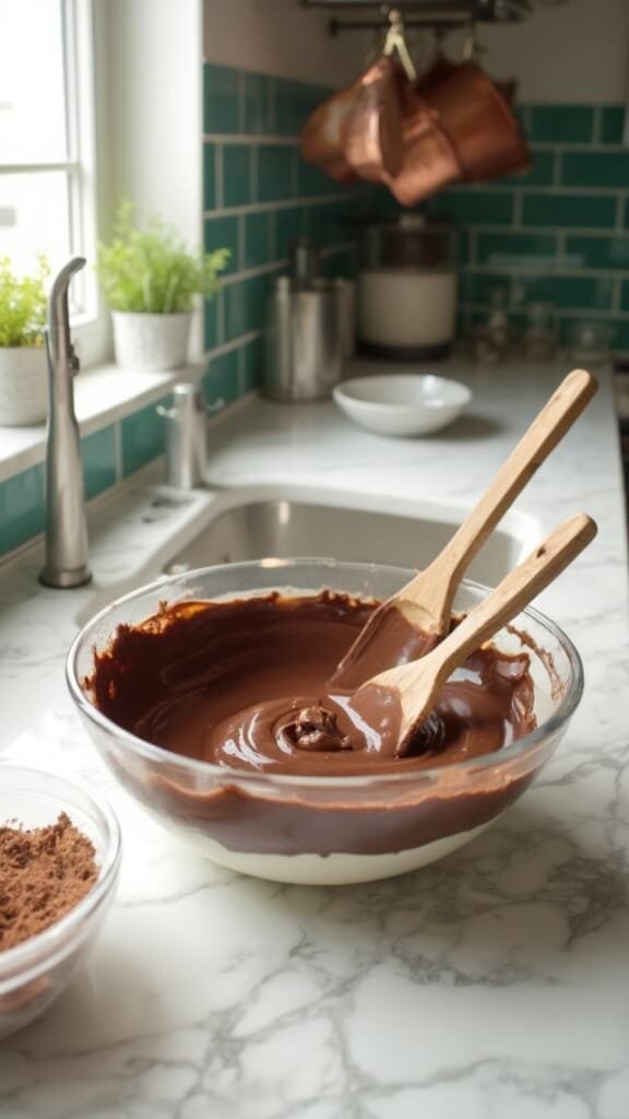 Keto Chocolate Almond Fat Bombs 5 Silky chocolate mixture in food processor on a marble counter, with wooden spatula demonstrating its smooth consistency