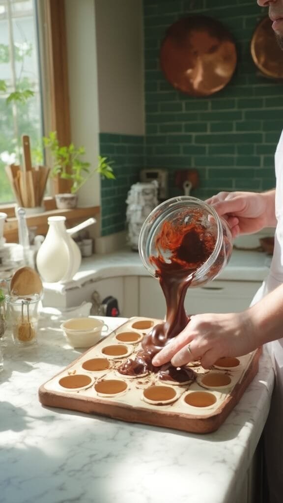 Keto Chocolate Almond Fat Bombs 6 Professional food photographer capturing chocolate mixture being poured from a processor into modern silicon molds in a modern kitchen with white marble countertops.