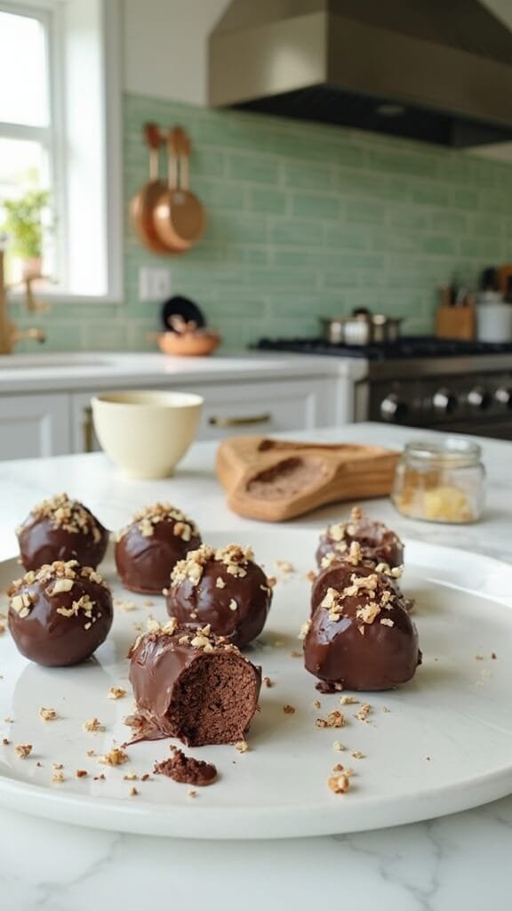 Keto Chocolate Almond Fat Bombs 7 Finished fat bombs with glossy chocolate finish and chopped almond garnish on a white marble countertop in a modern kitchen