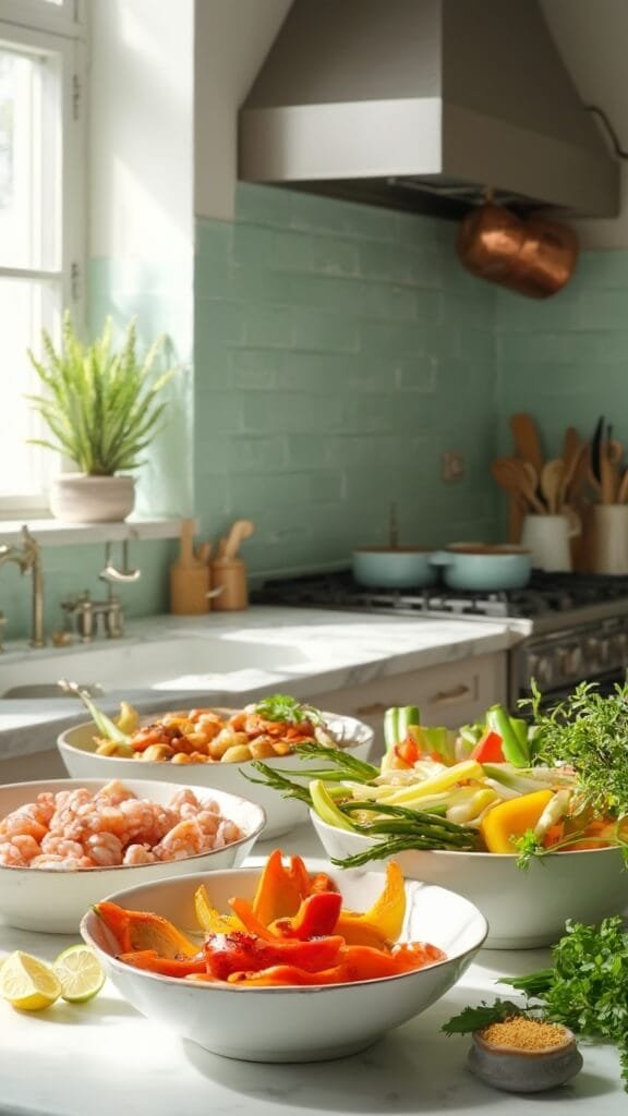 Spicy Cajun Shrimp &Amp; Sausage Stir-Fry 3 Modern kitchen scene with raw ingredients for cajun dish, including shrimp, andouille sausage, and colorful vegetables, in cream-colored prep bowls, shot from a 45-degree angle with canon 5d mark iv
