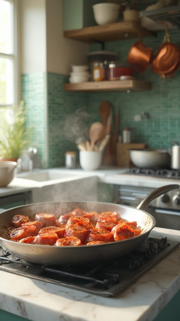 Spicy Cajun Shrimp &Amp; Sausage Stir-Fry 4 Andouille sausage slices sizzling in a stainless steel skillet in a modern kitchen with white marble countertops and green subway tile backsplash, shot from a 45-degree angle with warm color grading.
