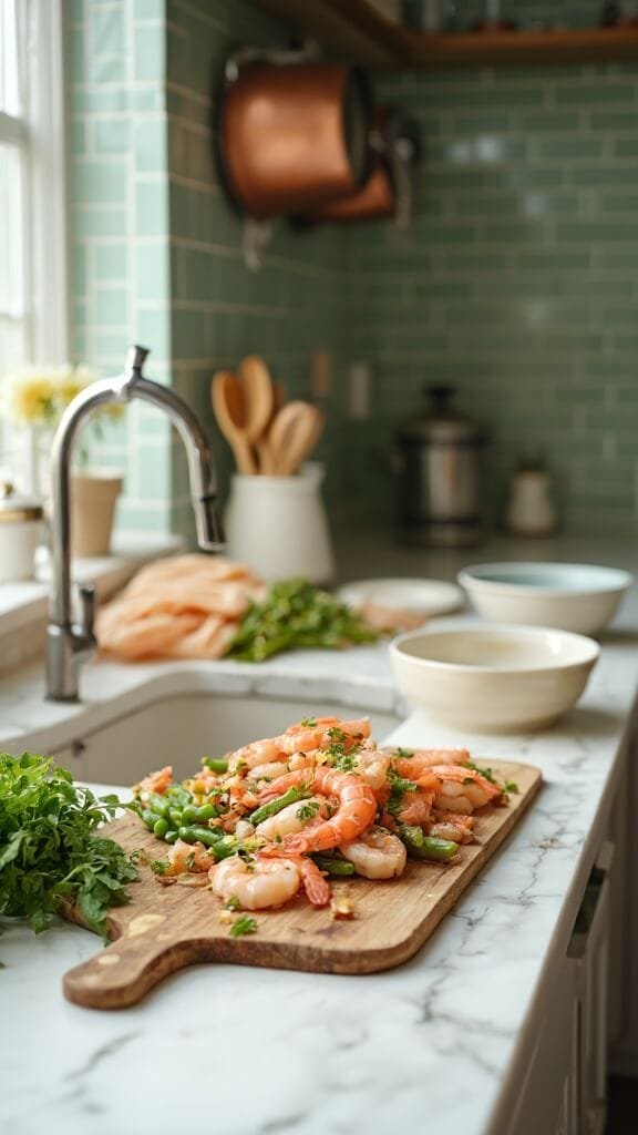Spicy Cajun Shrimp &Amp; Sausage Stir-Fry 6 Modern kitchen with white marble countertops and green subway tiles, sunlight streaming in; a bowl of pink shrimp being added to vegetables with asparagus spears visible, captured with a canon 5d mark iv.