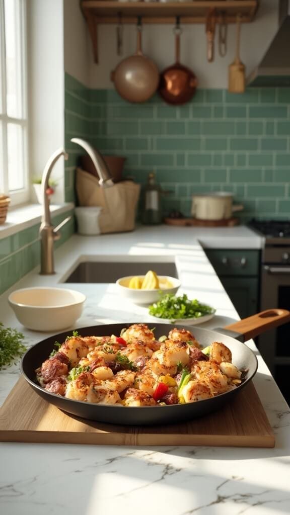 Spicy Cajun Shrimp &Amp; Sausage Stir-Fry 7 Modern kitchen with succulent shrimp, crispy sausage, and colorful vegetable dish in skillet on marble countertop, illuminated by natural daylight.
