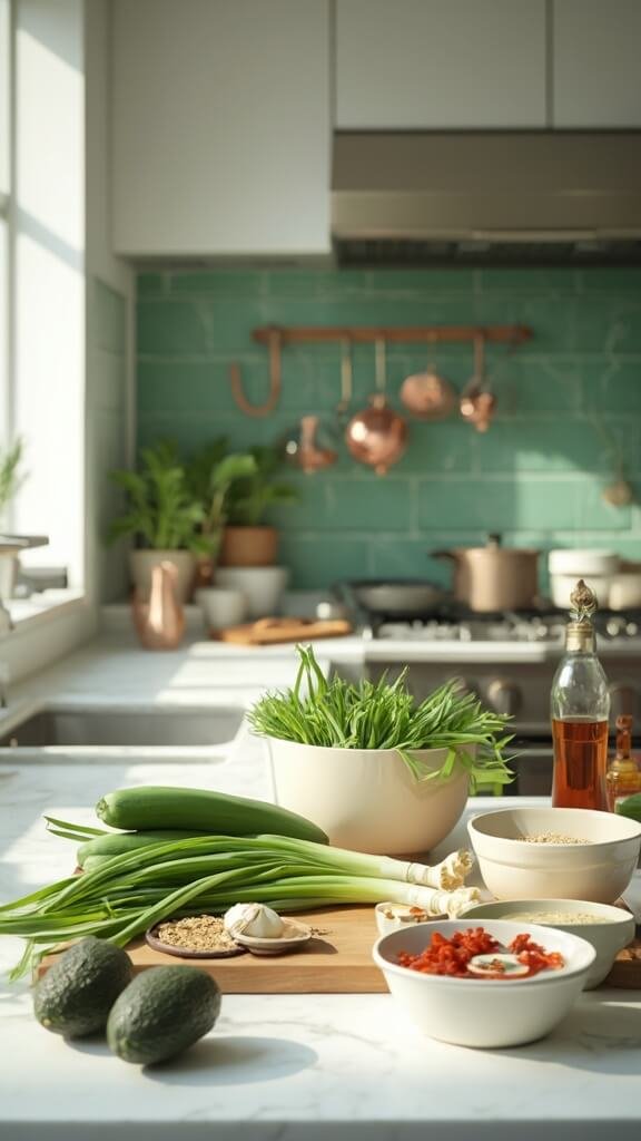 Keto Asian Cucumber Salad 3 Ingredients for asian cucumber salad on a modern white marble countertop, under natural daylight