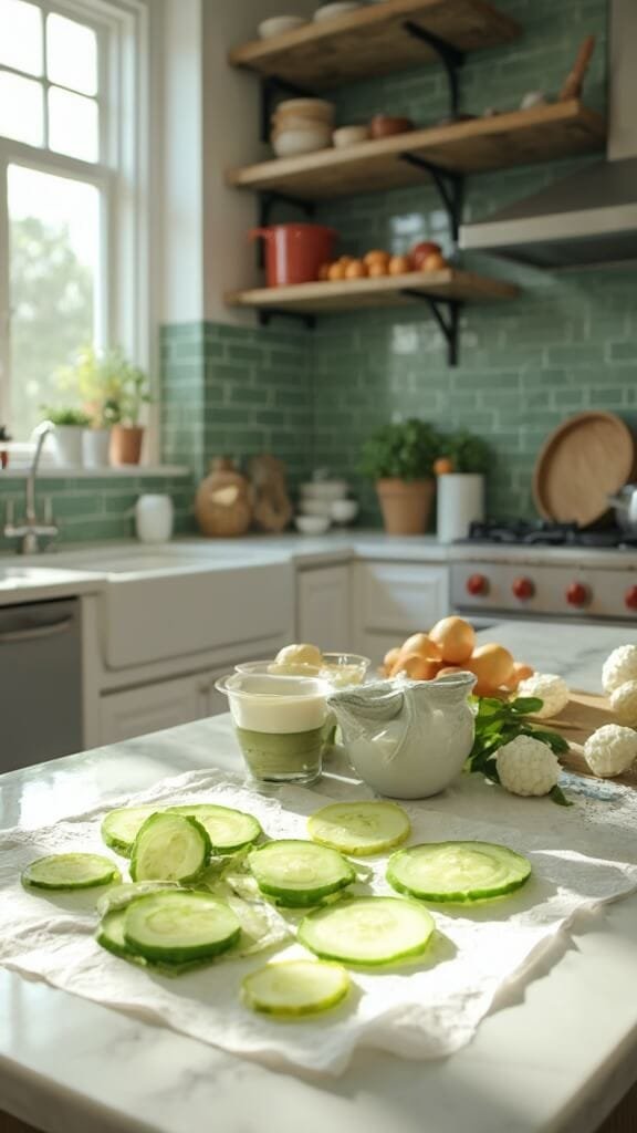 Keto Asian Cucumber Salad 4 Professional food photography of thinly sliced cucumber arranged in a circular pattern, in a modern kitchen with green backsplash and wooden utensils, captured in natural daylight.