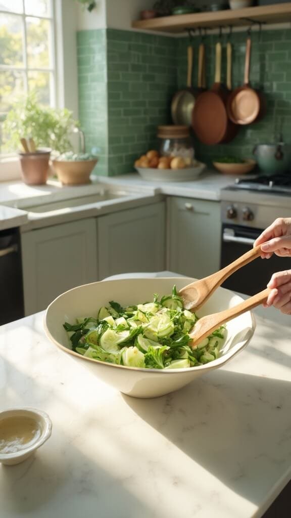 Keto Asian Cucumber Salad 6 Professional food photograph of cucumber salad preparation in a modern kitchen with natural daylight and earthy color grading