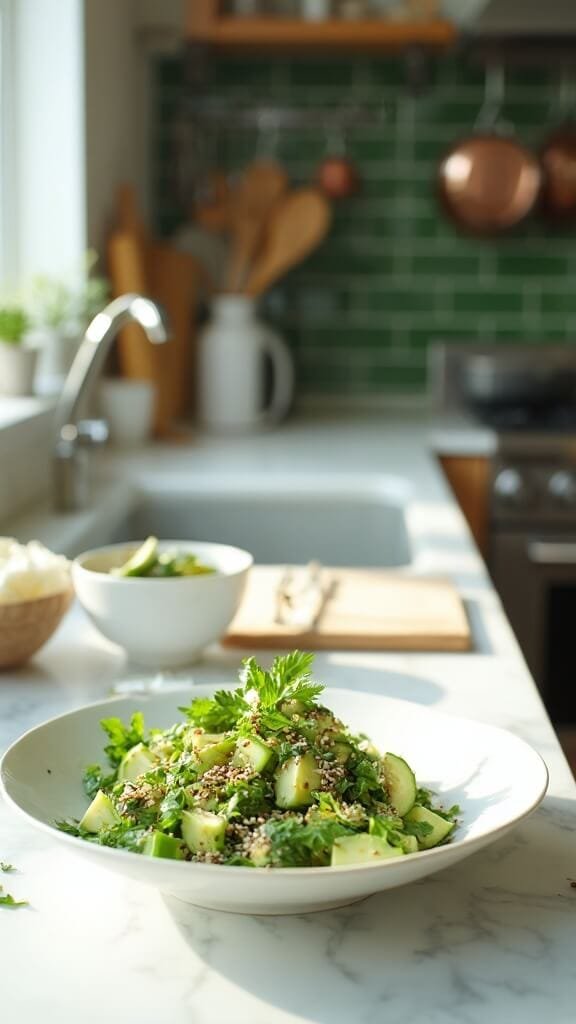 Keto Asian Cucumber Salad 7 Final plated salad with avocado, green onions, and sesame seeds in a modern kitchen with white marble countertops and green subway tile backsplash, under natural daylight