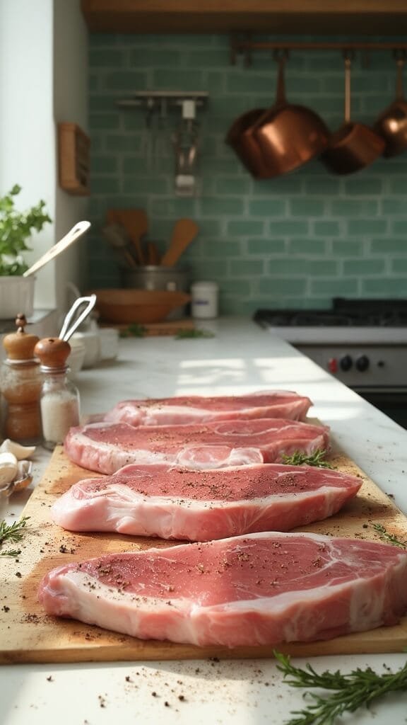 Garlic Butter Pork Chops (Low-Carb, Ready In 20 Minutes) 3 Seasoned raw pork chops on a wooden cutting board in a modern kitchen with green subway tile backsplash, copper pots, and white marble countertops illuminated by natural daylight.