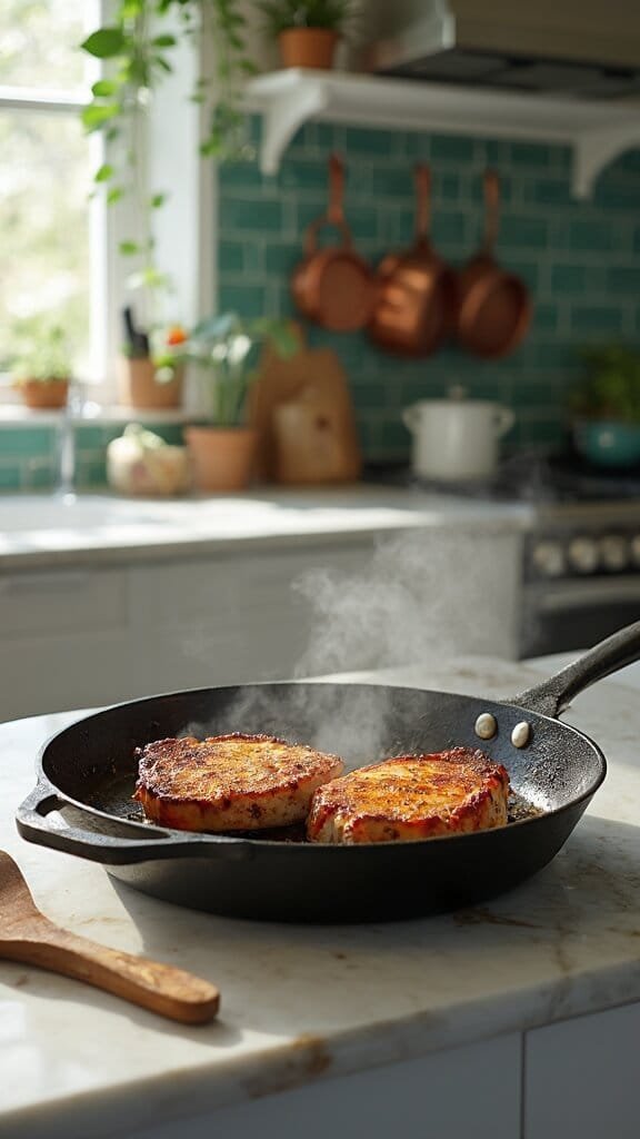 Garlic Butter Pork Chops (Low-Carb, Ready In 20 Minutes) 4 Two pork chops searing in a cast iron skillet in a modern kitchen with green subway tile backsplash and wooden utensils