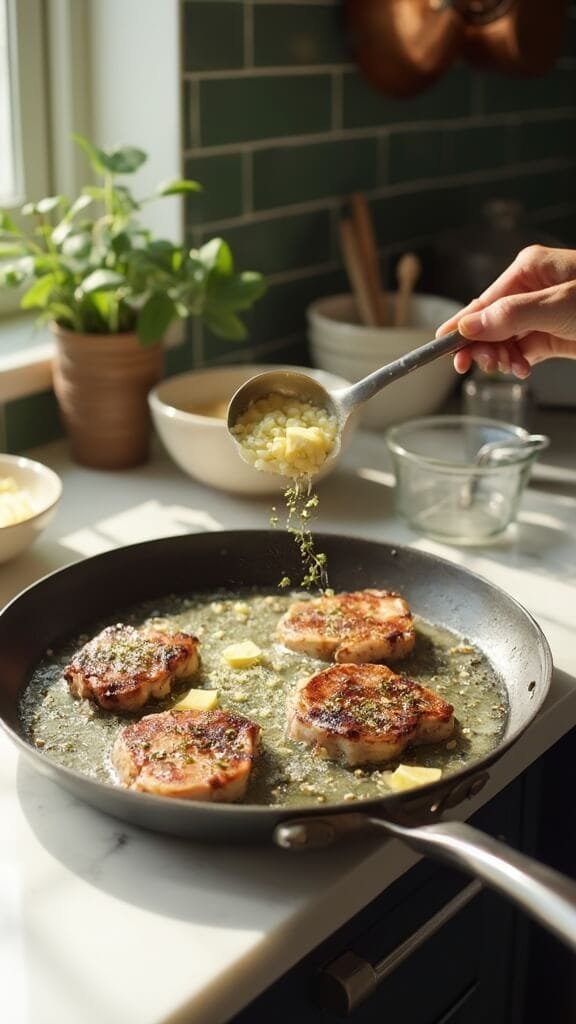 Garlic Butter Pork Chops (Low-Carb, Ready In 20 Minutes) 5 Seared pork chops in a skillet with melting butter, minced garlic, and fresh thyme in a modern kitchen