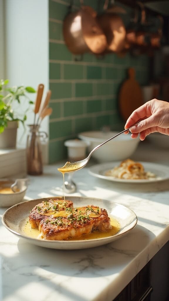 Garlic Butter Pork Chops (Low-Carb, Ready In 20 Minutes) 6 Professional food photography of basting pork chops with garlic butter in a modern kitchen