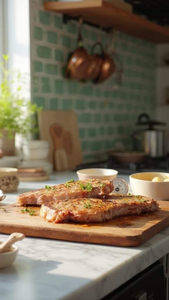 Garlic Butter Pork Chops (Low-Carb, Ready In 20 Minutes) 7 Finished pork chops with garlic butter sauce on wooden cutting board in modern kitchen