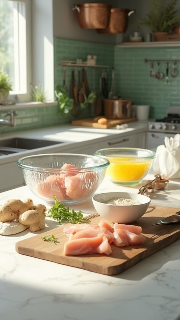 Keto Sweet And Sour Chicken 3 Raw chicken, beaten eggs, and almond flour preparation in a modern kitchen with wooden cutting board and fresh ginger root