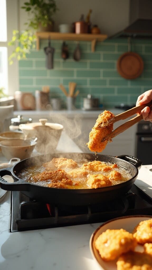 Keto Sweet And Sour Chicken 4 Frying golden chicken in a modern kitchen with white marble countertops and stainless steel appliances, shot from a 45-degree angle above the counter