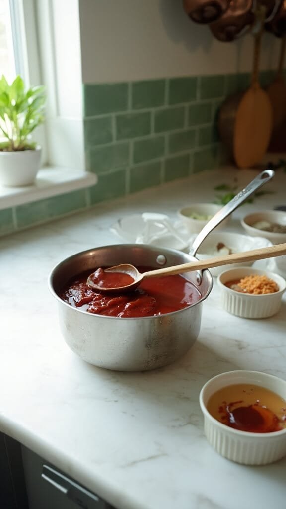 Keto Sweet And Sour Chicken 5 Simmering burgundy sauce in a small stainless steel saucepan, accompanied by prep bowls with ingredients in a modern kitchen