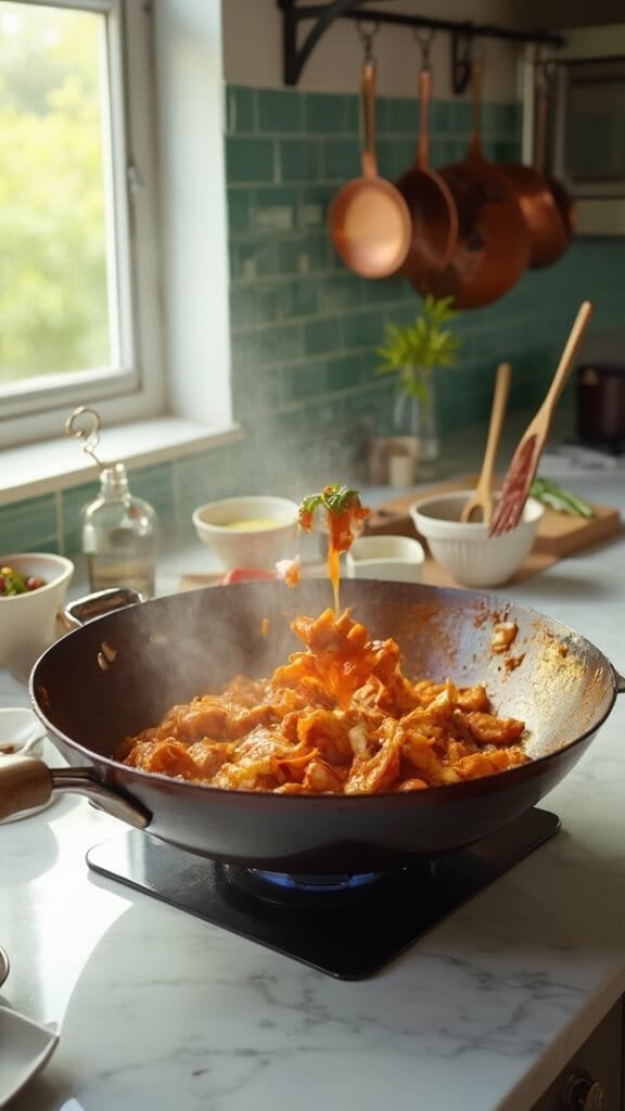 Keto Sweet And Sour Chicken 6 Crispy chicken pieces being tossed in sweet and sour sauce in modern kitchen